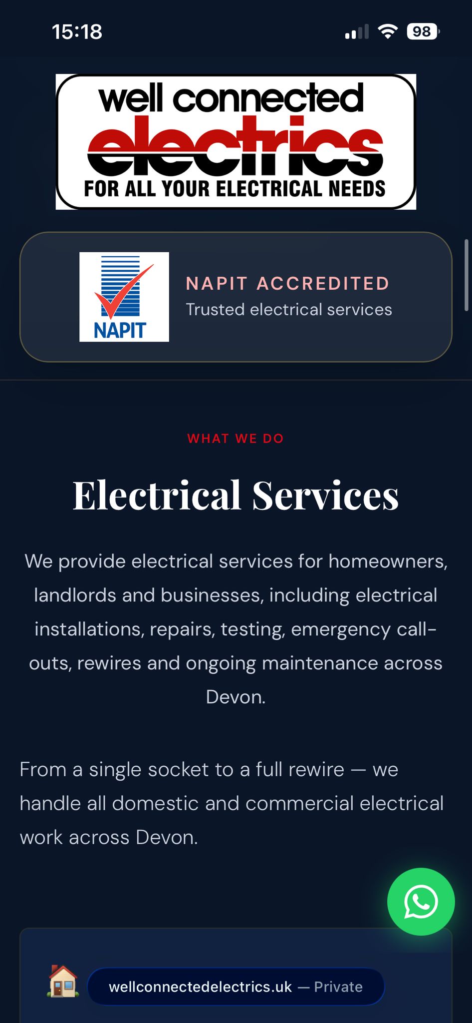 Well Connected Electrics mobile website — electrician website design by PaisleyFinn