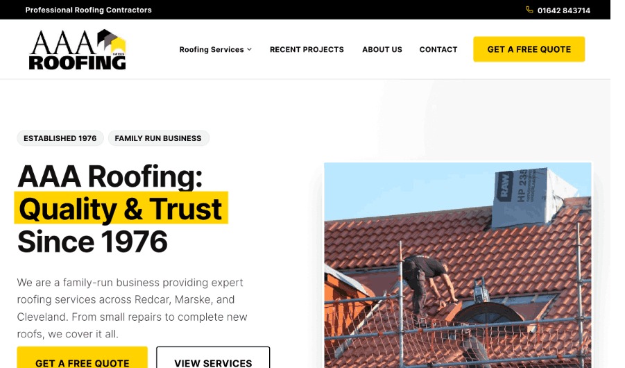AAA Roofing website homepage built by PaisleyFinn